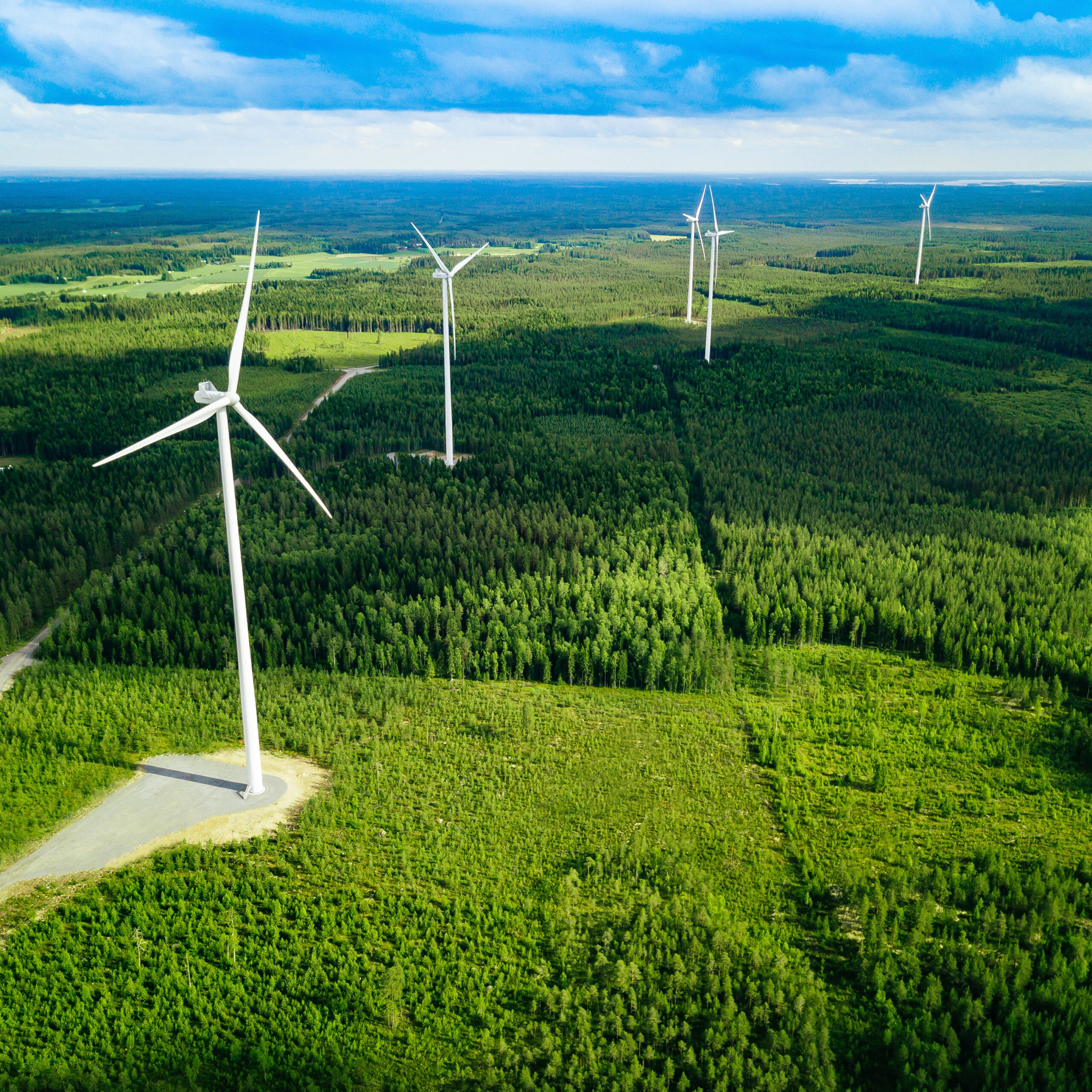 Aerial,View,Of,Windmills,In,Green,Summer,Forest,In,Finland.