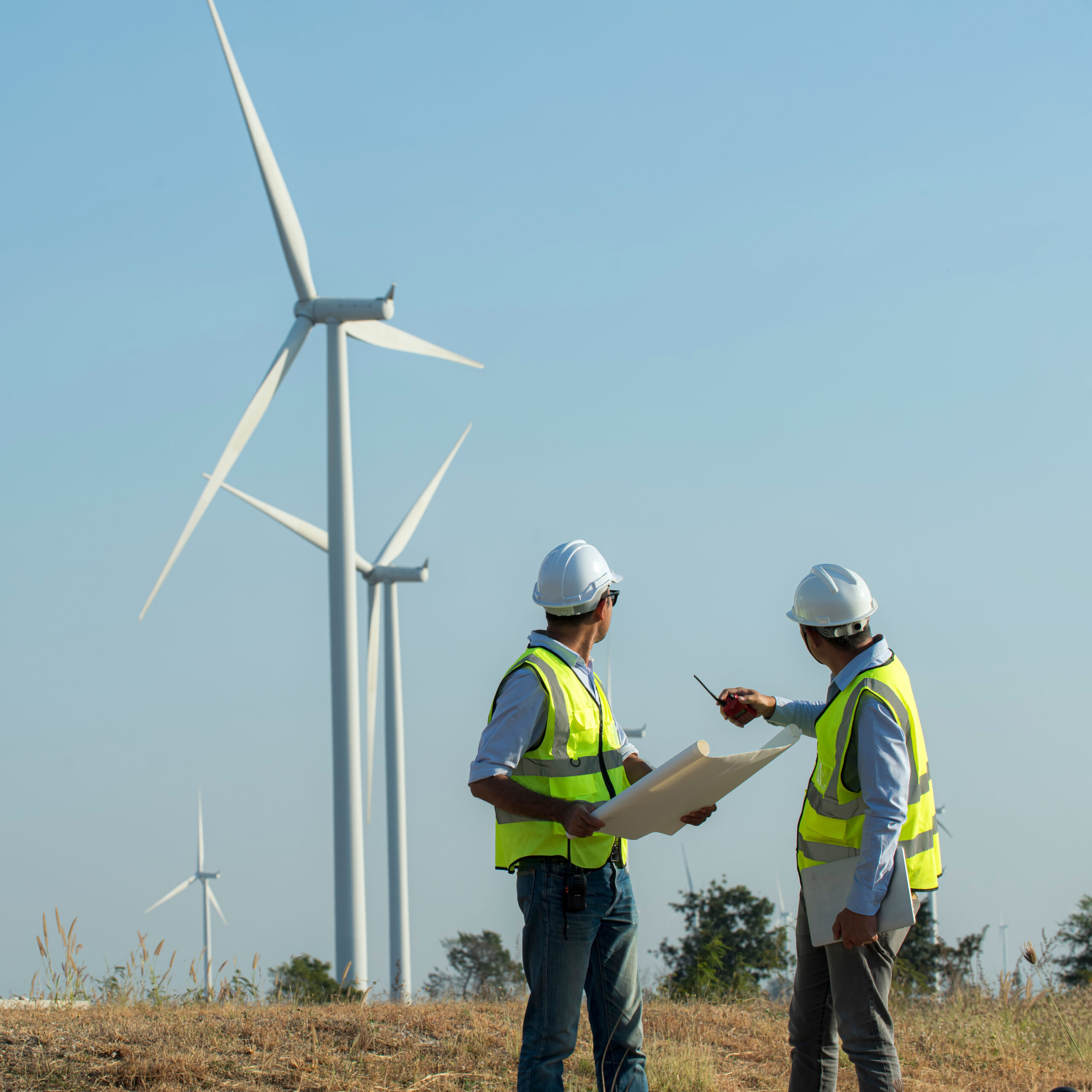 Back,View,Of,Two,Engineers,Discussing,Against,Turbines,On,Wind